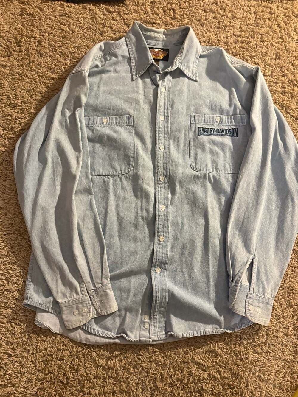 Harley-Davidson Denim Long Sleeve Button Up Shirt Size XL Light Blue Logo
